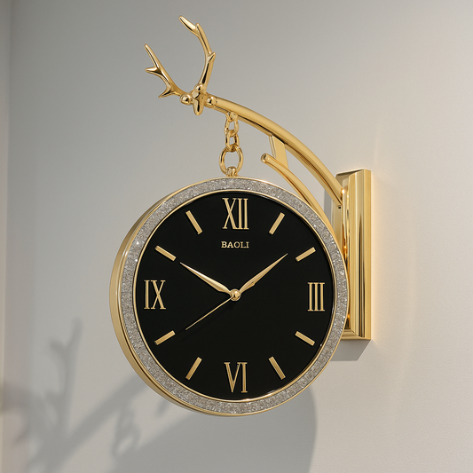Golden Double-Sided Wall Clock with Crystal Frame β BAOLI Luxury Design