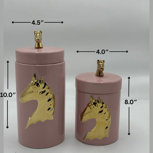 Set of 2 Elegant Pink Ceramic Decorative Jar with Sculpted Gold Horse Head Accents