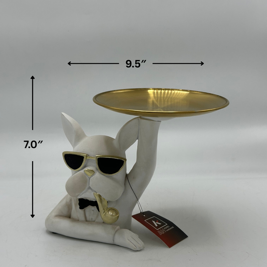 Chic French Bulldog Butler Figurine with Gold Tray