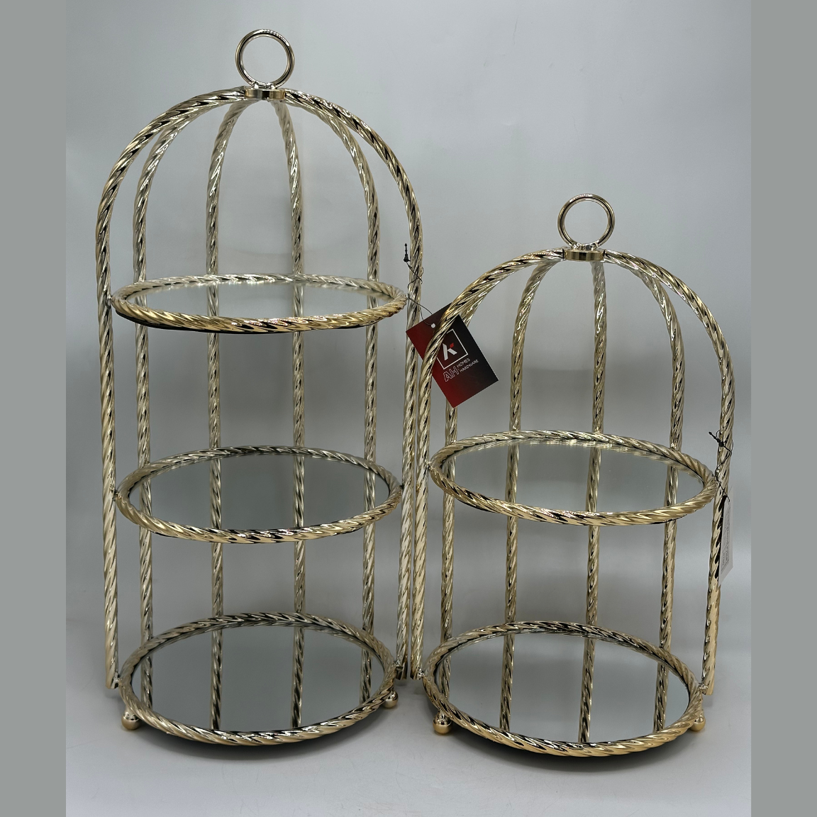Elegant Gold Metal Birdcage Decorative Display Stand with Mirrored Bases