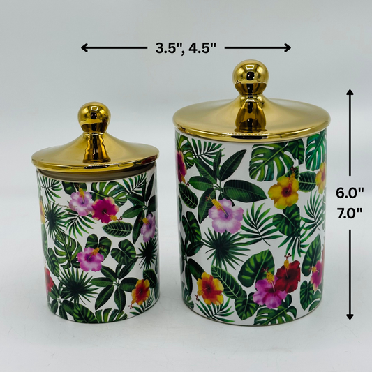 Set of 2 Tropical Floral Ceramic Storage Jars with Gold Lids - Decorative Canisters