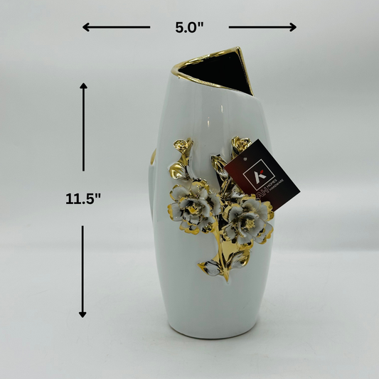 Elegant White Ceramic Vase with Raised Gold Floral Detail - Modern Decorative Vase