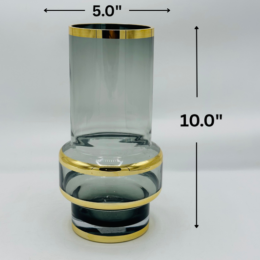 Elegant Mel Rin Style Smoky Gray Glass Vase with Gold Bands - Modern Decorative Vase