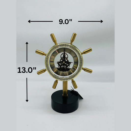 Nautical Ship's Wheel Table Clock with Exposed Gears - Vintage Style Desk Decor