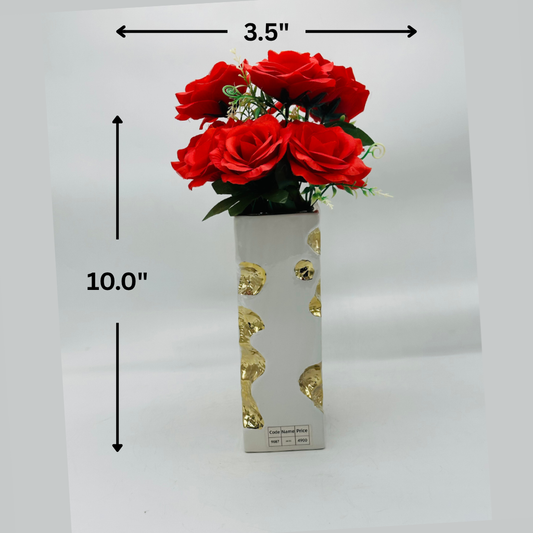 Elegant White Vase with Gold Polka Dots & Artificial Red Rose Bouquet