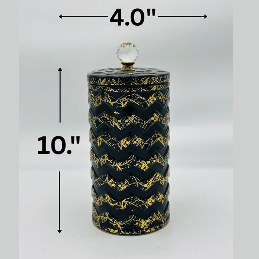 Elegant Black Ceramic Storage Jar with Gold Textured Pattern & Crystal Knob Lid - Decorative Canister