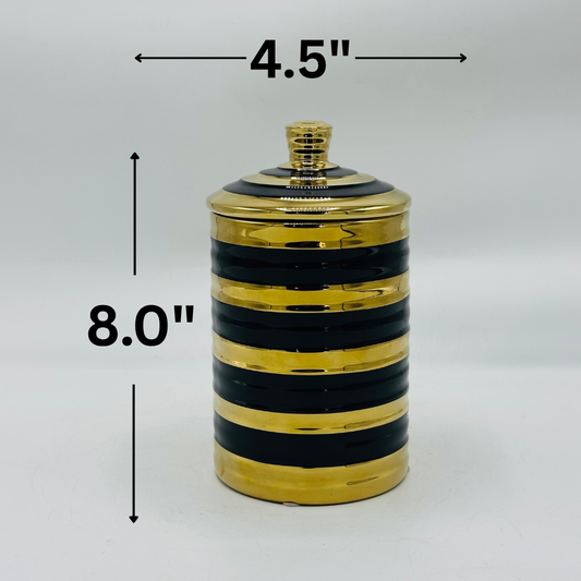 Elegant Black & Gold Striped Ceramic Storage Jar with Lid - Decorative Canister