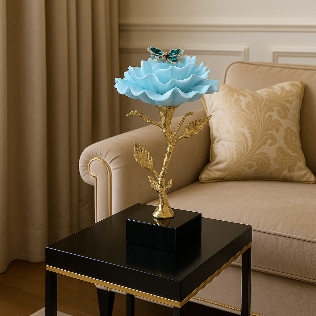 Enchanting Blue Crystal Rose Sculpture with Golden Stem & Gemstone Butterfly - Elegant Floral Decor
