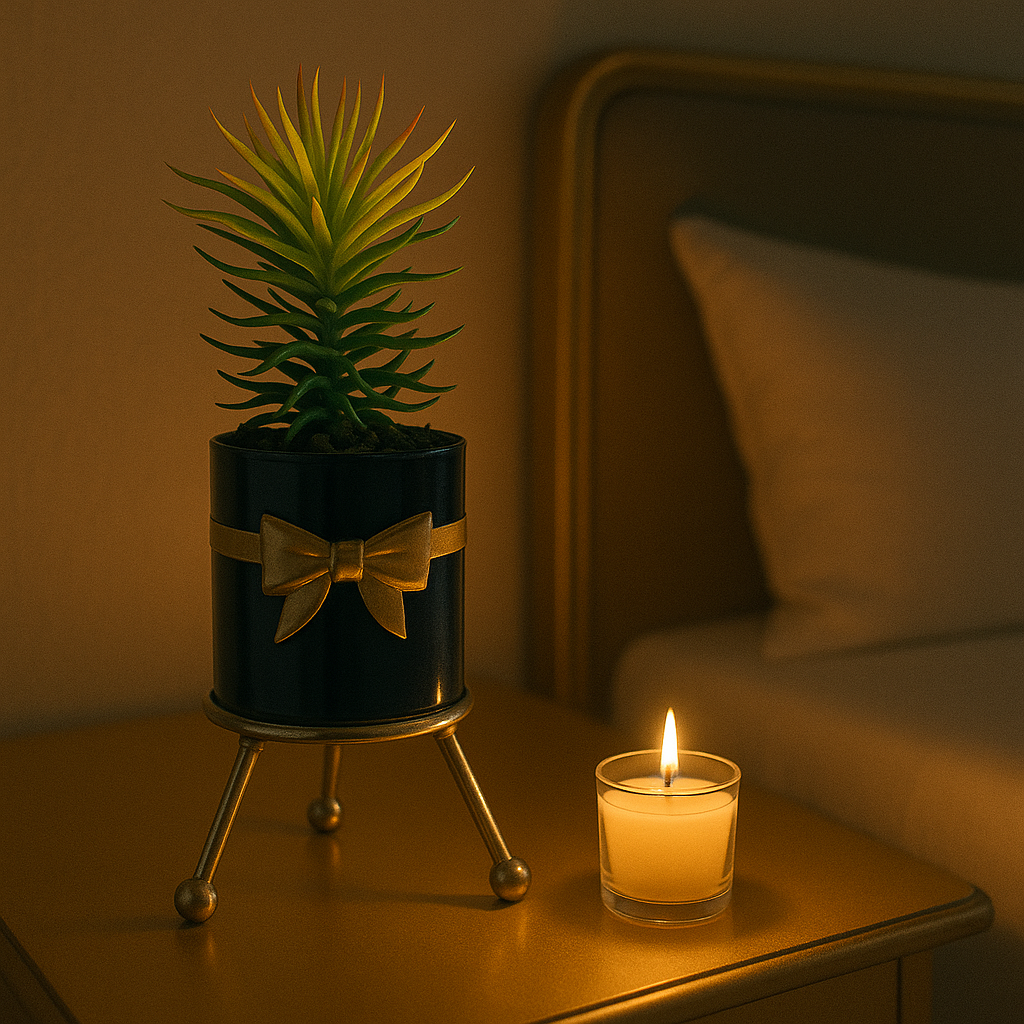 Elegant Faux Succulent in Blue & Gold Bow Pot with Metal Stand