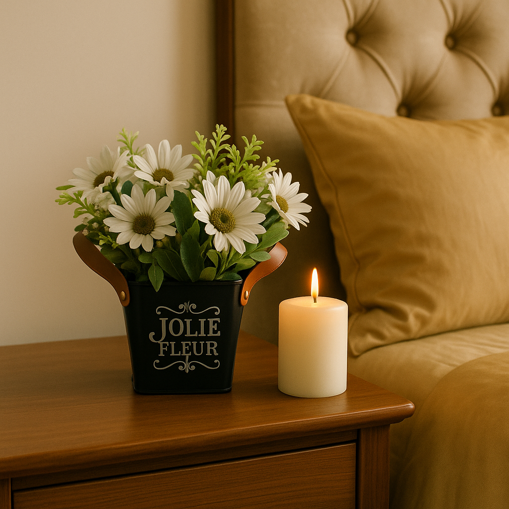 Charming Faux White Daisies in "Jolie Fleur" Black Bucket with Leather Handle