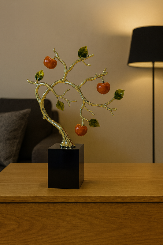 Golden Apple Tree Sculpture with Green Leaves