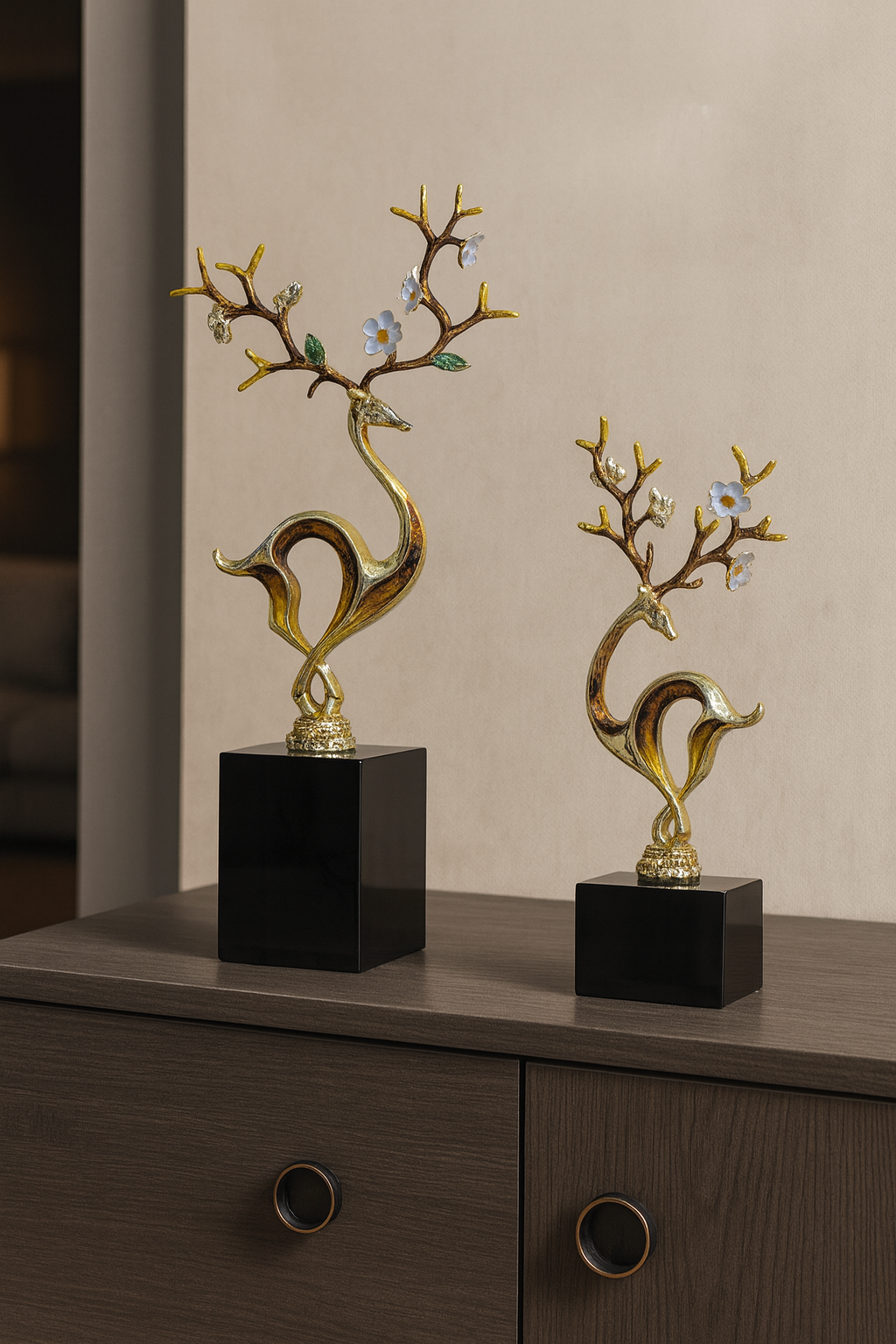 Golden Deer Sculpture with Floral Branch – Modern Luxury Home Decor