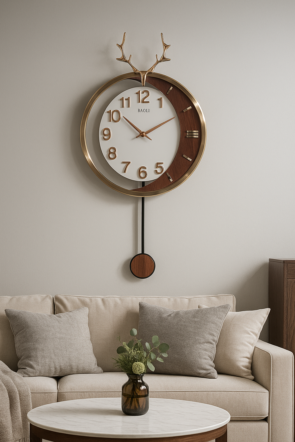 Luxury Golden Wall Clock with Pendulum & Antler Design