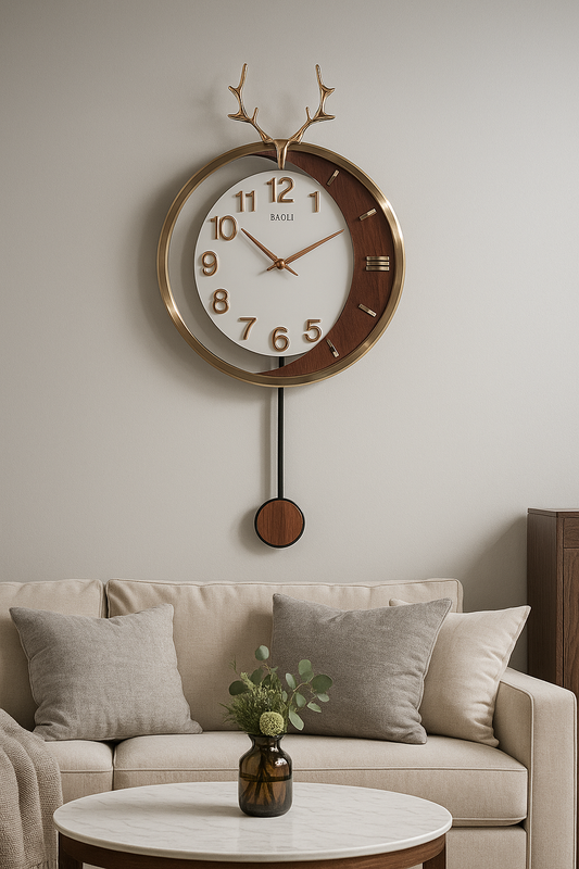 Luxury Golden Wall Clock with Pendulum & Antler Design