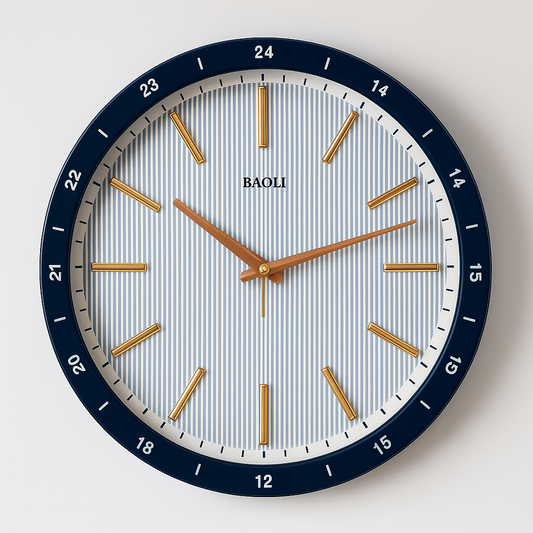 Modern 24-Hour Wall Clock with Navy Blue Frame & Golden Markers – BAOLI Design