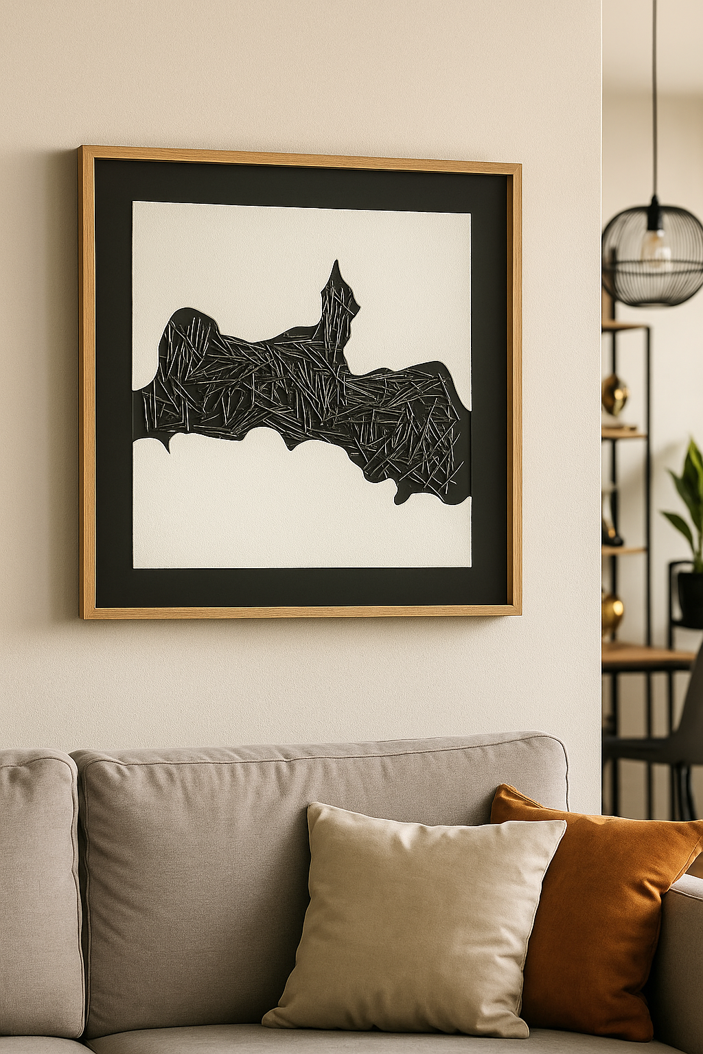 Abstract Black Nail & Thread Wall Art – Modern Minimalist Sculpture Frame