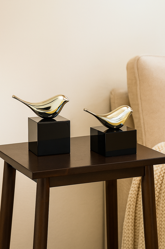 Golden Bird Figurine Set on Black Base β Elegant Modern Home Decor
