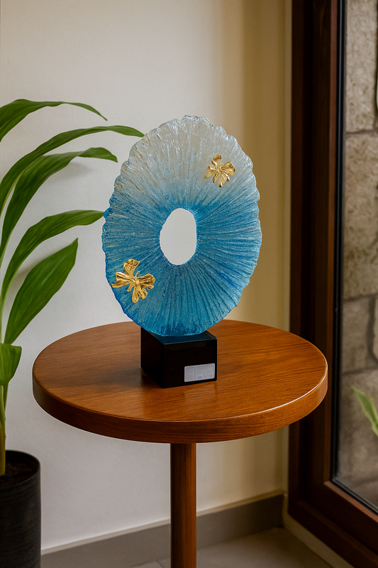 Blue Crystal Circle Sculpture with Golden Butterflies â Luxury Decorative Showpiece