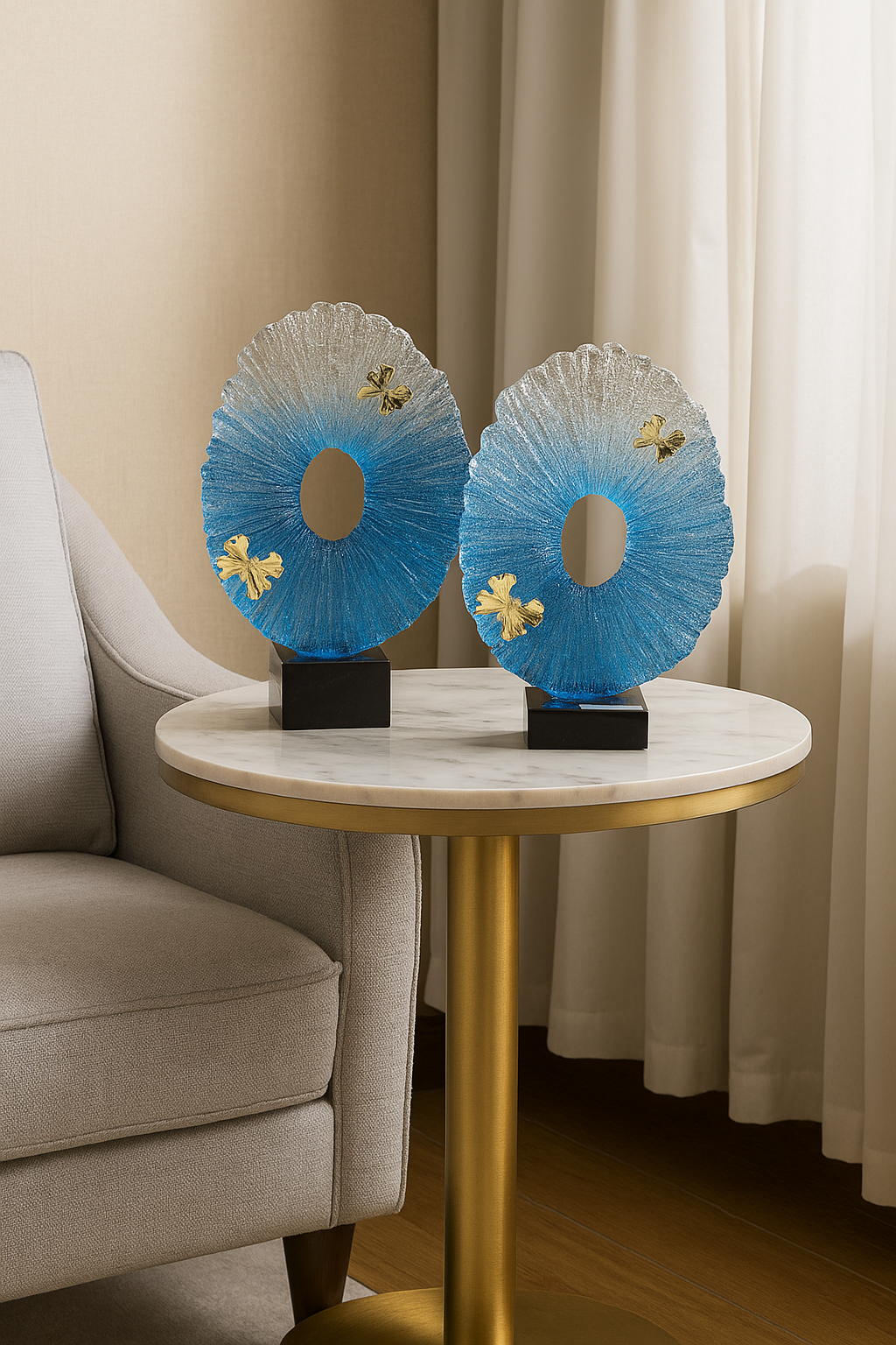 Blue Crystal Circle Sculpture with Golden Butterflies – Luxury Decorative Showpiece