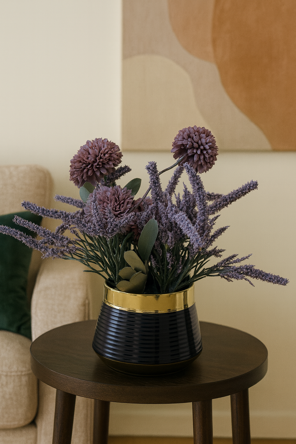 Elegant White Artificial Dahlia & Grass Arrangement in Black & Gold Pot