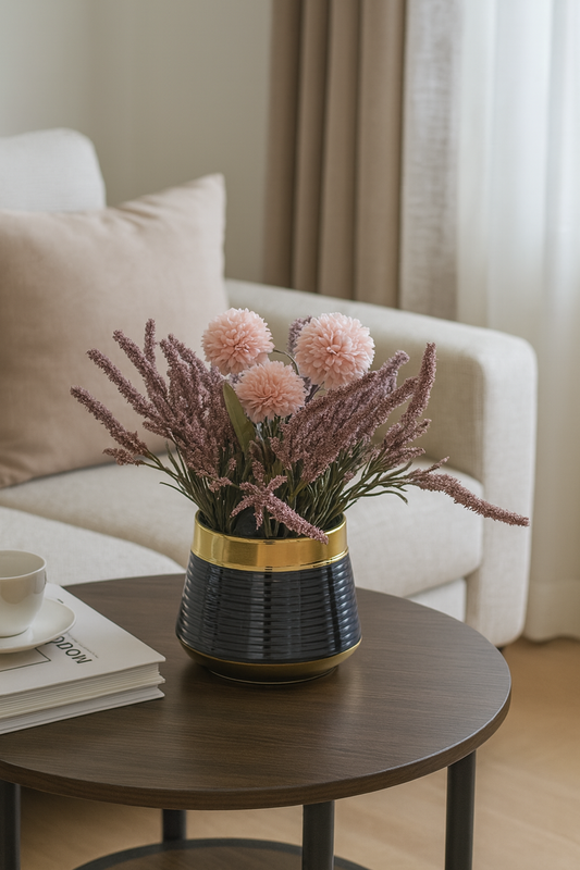 Elegant White Artificial Dahlia & Grass Arrangement in Black & Gold Pot
