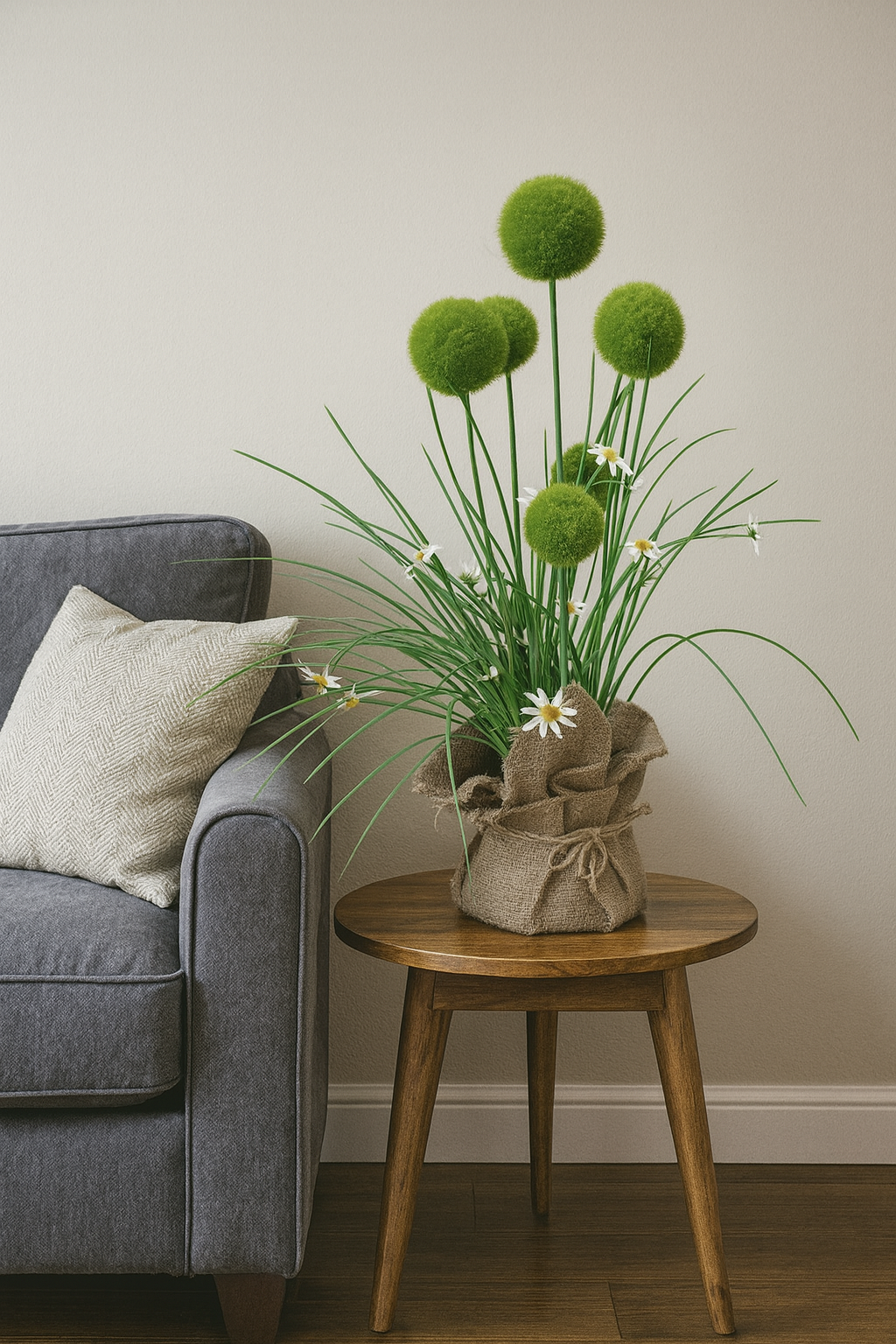 Artificial White Pom-Pom Potted Plant with Yellow Flowers – Rustic Burlap Pot