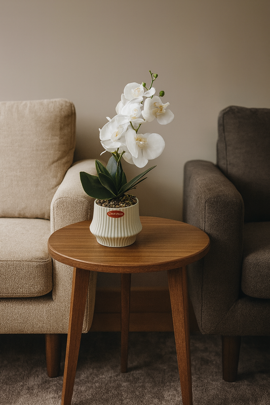 Artificial Orchid Plant in White Ceramic Pot – Elegant Pink Faux Flowers for Home & Office Décor