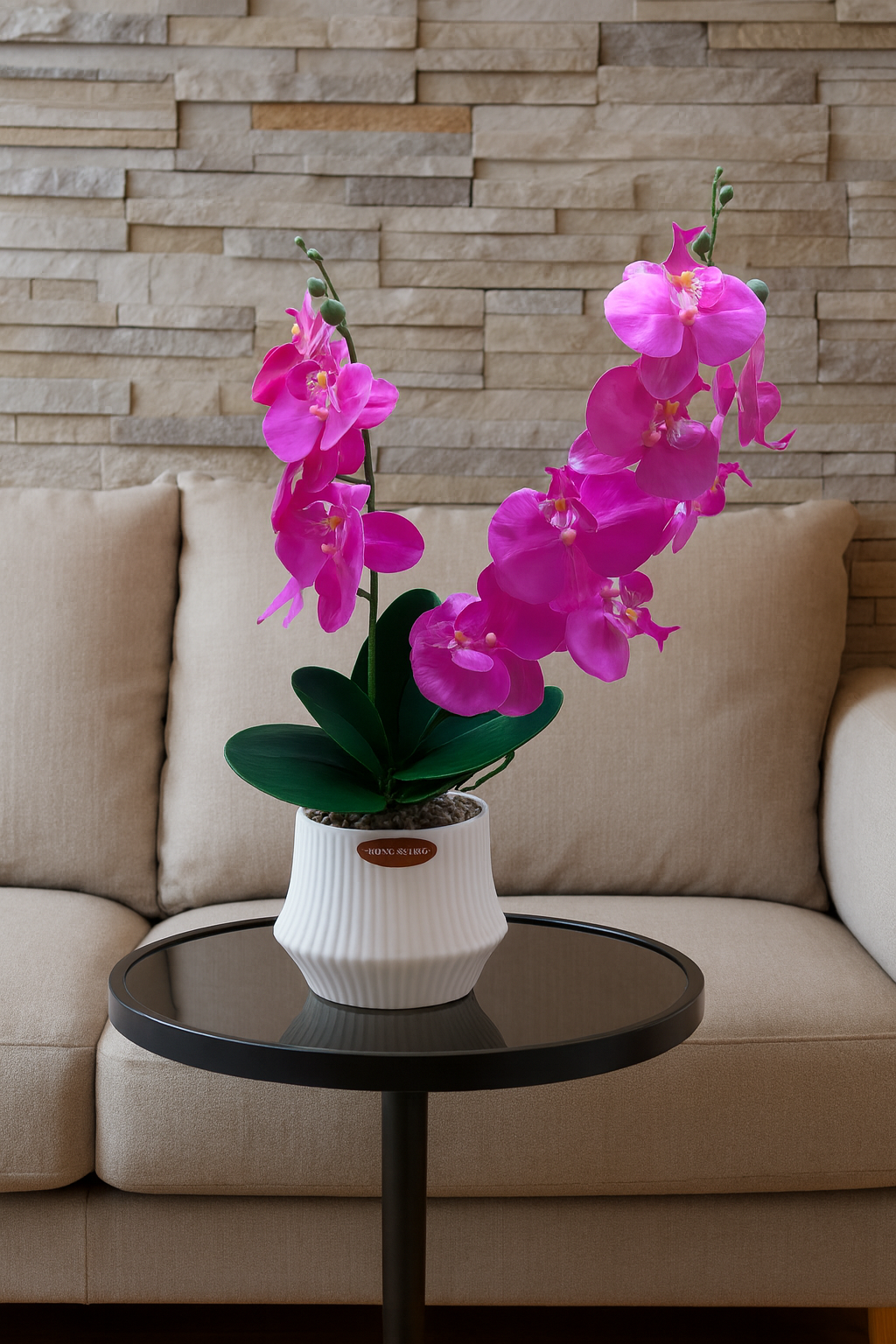 Artificial Orchid Plant in White Ceramic Pot – Elegant Pink Faux Flowers for Home & Office Décor