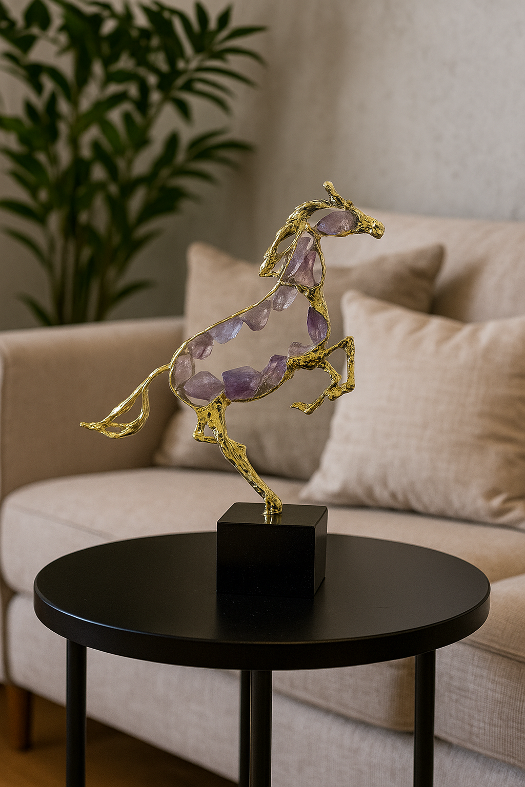 Golden Horse Sculpture with Amethyst Crystals â Luxury Decorative Showpiece