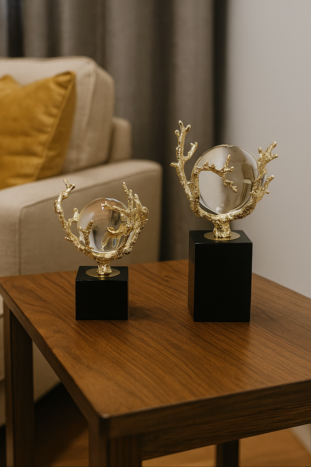 Crystal Globe with Golden Coral Holder – Luxury Decorative Sculpture
