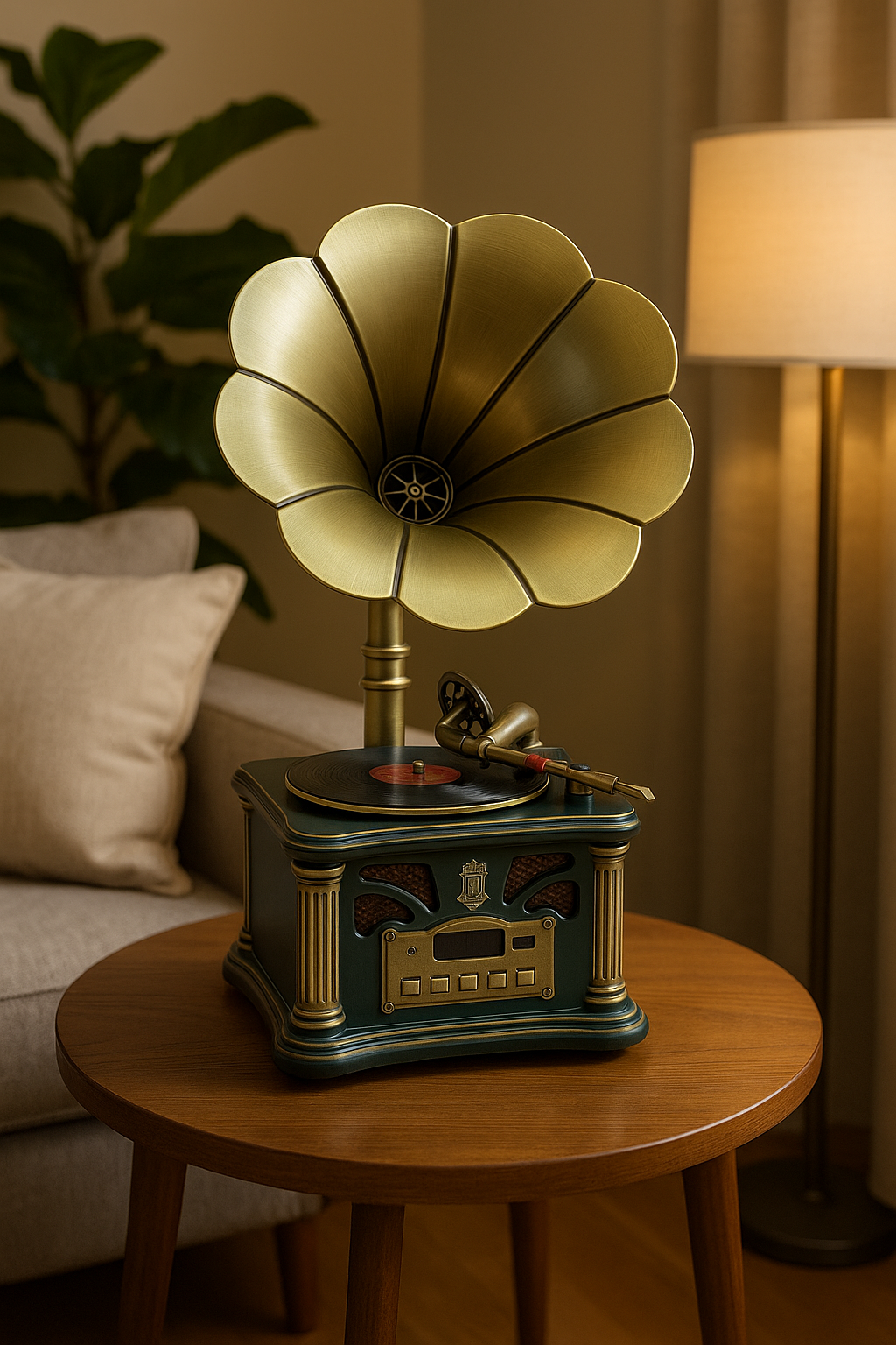 Luxury Vintage Gramophone MP3 Speaker with Moving Disc β Retro Golden Horn Rechargeable Showpiece