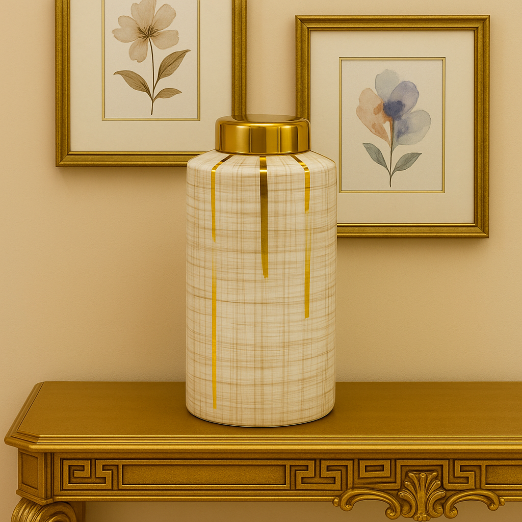 Neutral Textured Ceramic Storage Jar with Gold Accents & Lid - Modern Decorative Canister