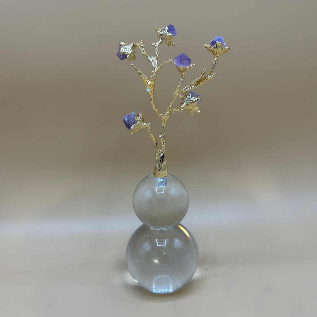 Enchanted Golden Branch Decor with Amethyst Crystal Flowers - Clear Orb Base Sculpture Set