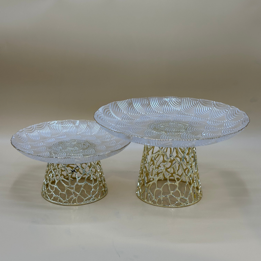 Elegant Wavy Textured Glass Cake Stands with Golden Filigree Base - Dessert Display Set