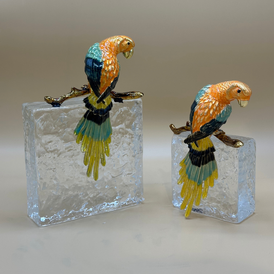 Vibrant Enamel Macaw Figurines on Clear Acrylic Blocks - Exotic Bird Sculpture Set