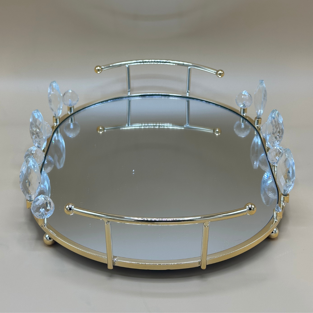 Luxurious Golden Mirrored Vanity Tray Set with Sparkling Crystal Accents - Elegant Round Display