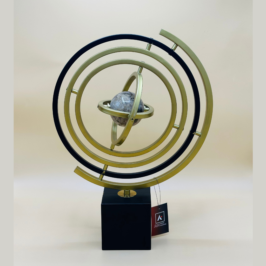 Modern Abstract Metal and Stone Globe Sculpture - Decorative Orbit Ornament