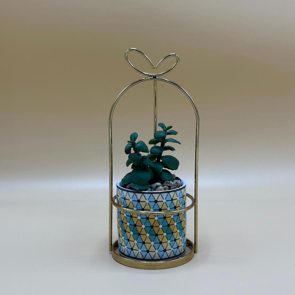 Modern Geometric Planter with Gold Metal Stand & Faux Succulent