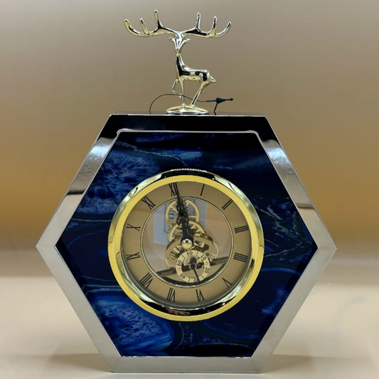 Majestic Hexagonal Deer Decor Table Clock - Modern Blue Marble & Silver Skeleton Timepiece