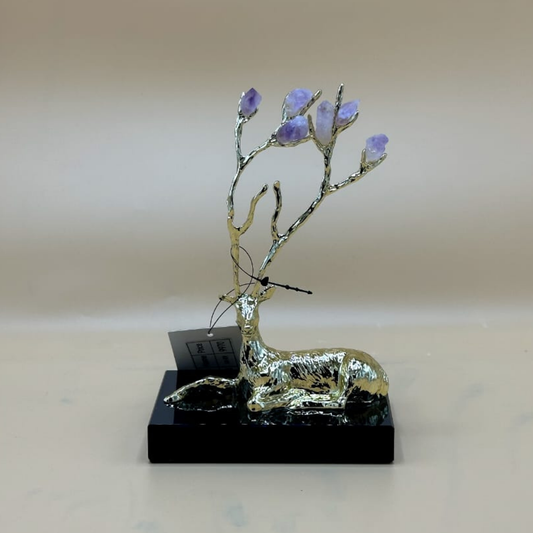 Majestic Golden Deer Sculpture with Amethyst Crystal Antlers - Elegant Tabletop Decor