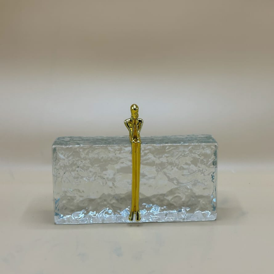 Modern Golden Figure on Clear Textured Block - Abstract Award Style Sculpture for Desk & Shelf