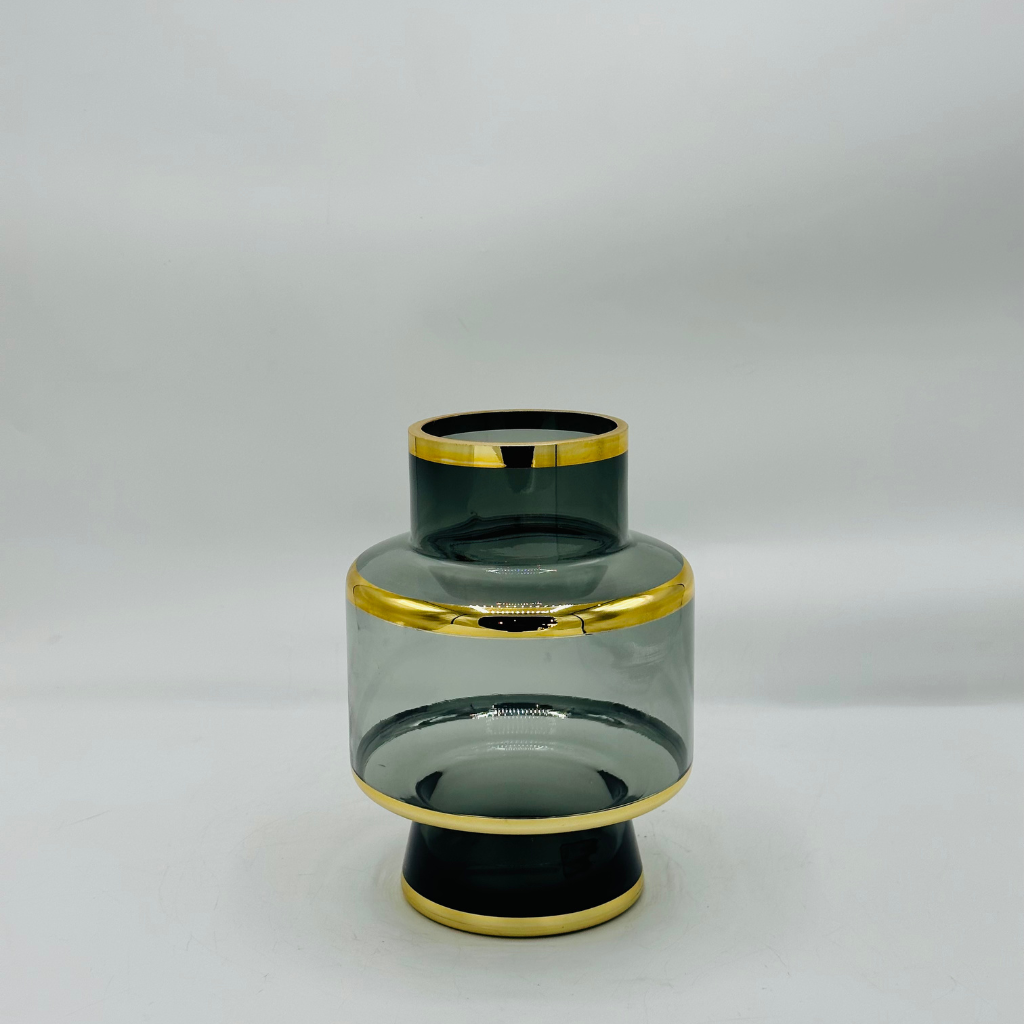 Elegant Mel Rin Style Smoky Gray Glass Vase with Gold Bands - Modern Decorative Vase