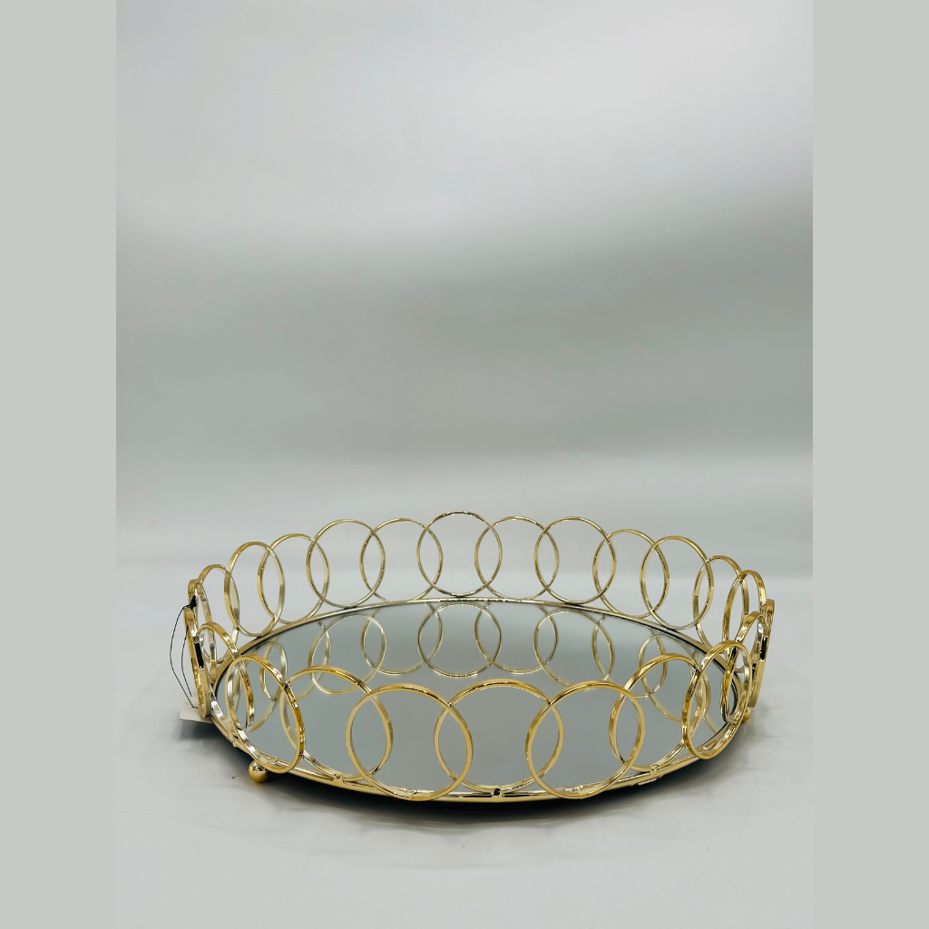 Elegant Gold Circular Metal Two Trays with Mirrored Base - Decorative Centerpiece Dish