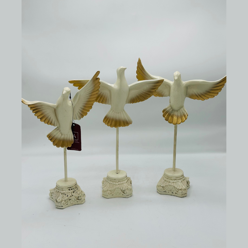 Set of 3 Elegant White & Gold Dove Sculptures - Symbol of Peace Decorative Figurines