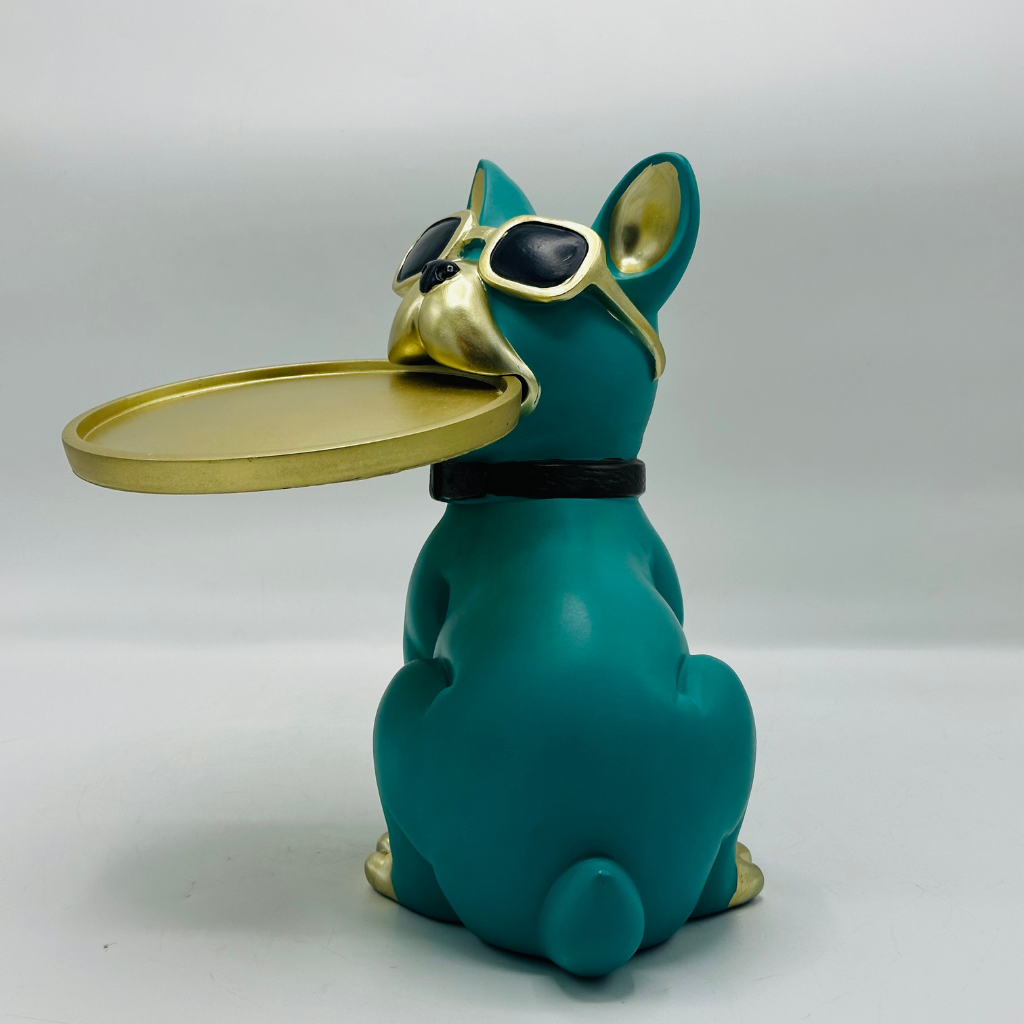 Cool Bulldog Butler Sculpture with Gold Tray - Fun Decorative Organizer