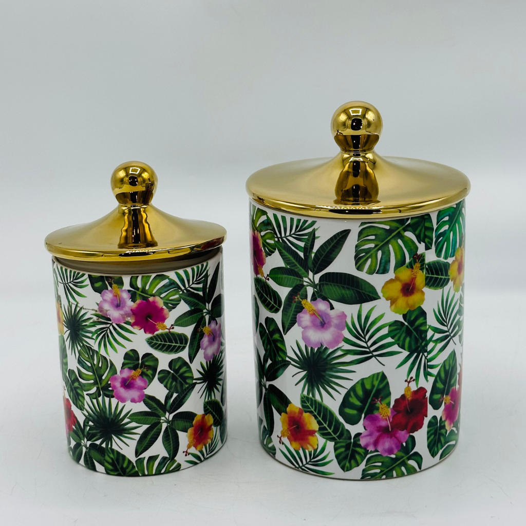 Set of 2 Tropical Floral Ceramic Storage Jars with Gold Lids - Decorative Canisters