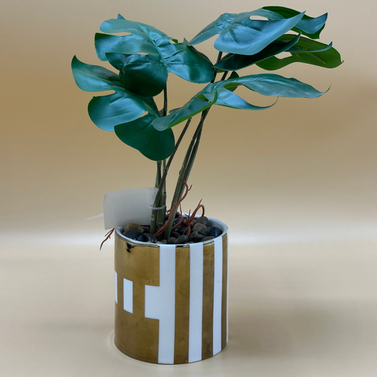 Modern Art Faux Monstera Plant in Gold & White Striped Pot