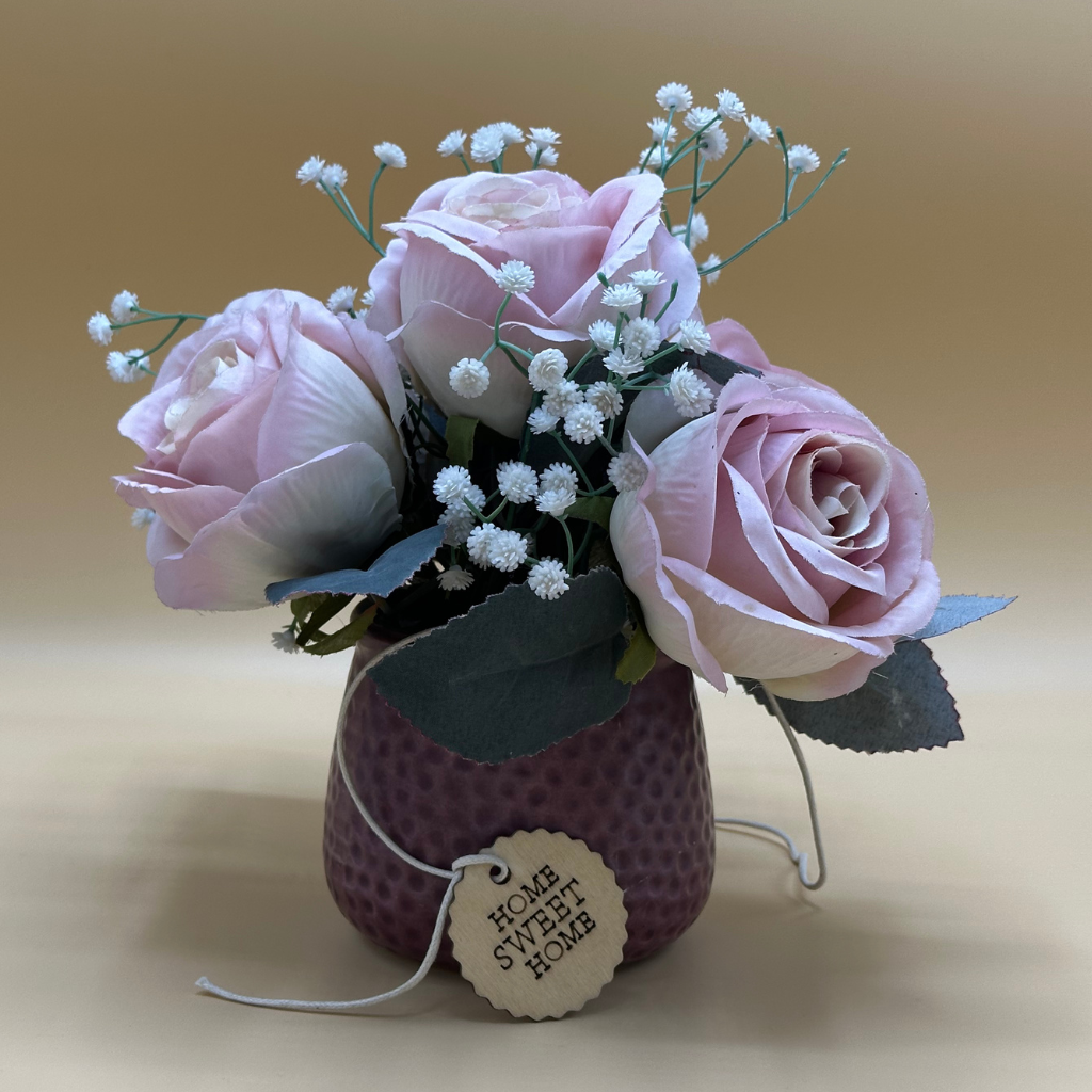 Elegant Faux Pink Rose & Baby's Breath Arrangement in Textured Plum Pot