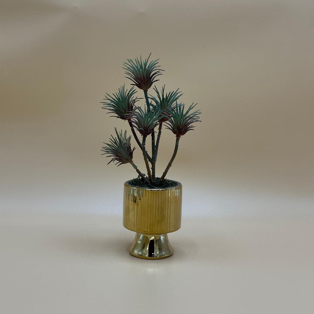 Modern Spiky Artificial Plant in Gold Ribbed Pedestal Planter