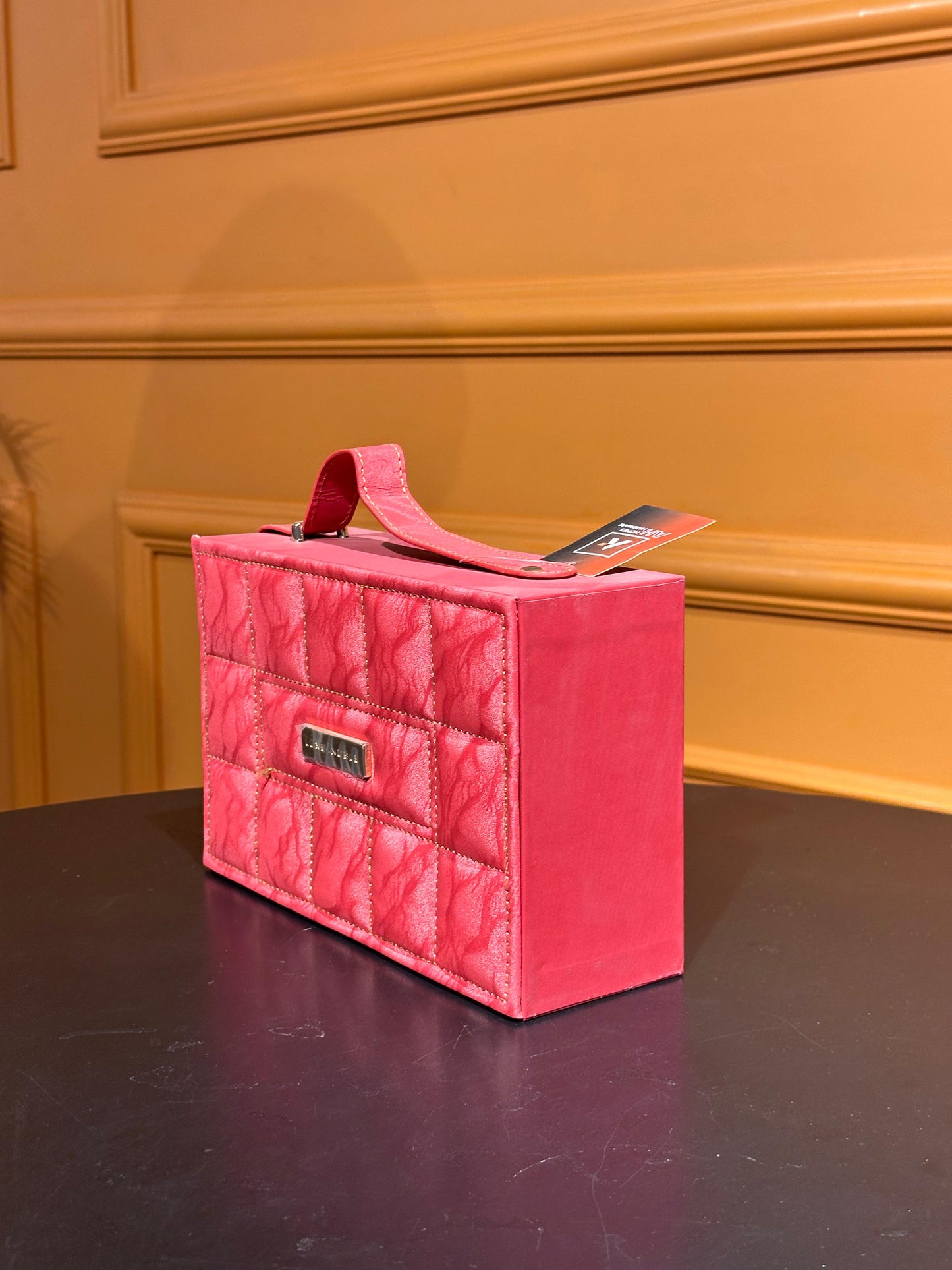 Luxury Quilted-Look Gift Box with Top Handle & Metallic Logo Plaque - Radiant Pink/Red
